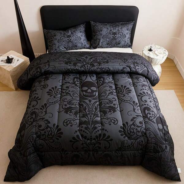3PCS Black Gray Design Skull Victorian Baroque Gothic Return To The Ancients Intensification Quilt Set (1 Comforter +2 Pillowcases Without Pillow Core), Contains Padding 180gsm Quilting Soft Ventilate Digital Printing Bedroom Dormitory At Home